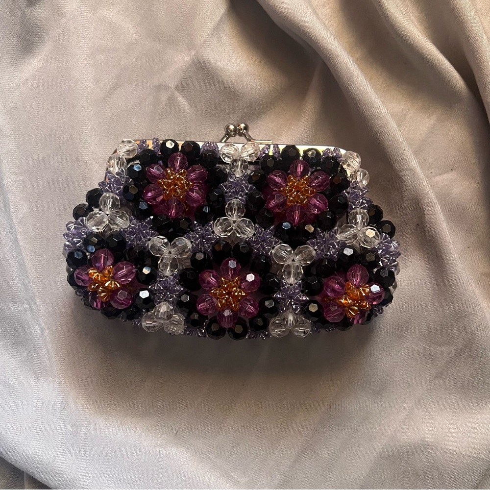Beaded Floral Evening Coin Purse - Purple and Clear